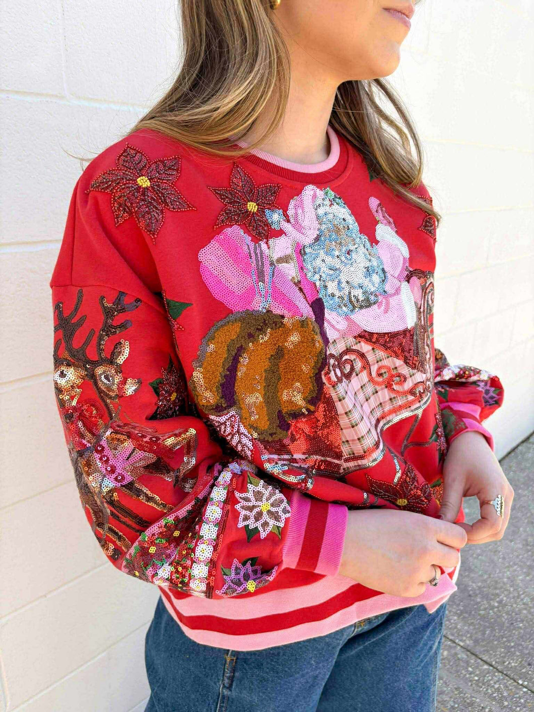 Queen Of Sparkles Red & Pink Vintage Poinsettia Santa Sweatshirt