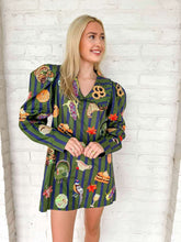 Load image into Gallery viewer, Queen Of Sparkles Dark Green &amp; Blue Striped Thanksgiving Icon Collar Dress