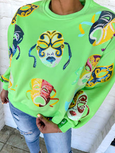 Queen Of Sparkles Scattered Green Mardi Gras Mask sweatshirt