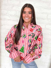 Load image into Gallery viewer, Queen Of Sparkles Light Pink &amp; Red Stripe Christmas Icon Button Up Top