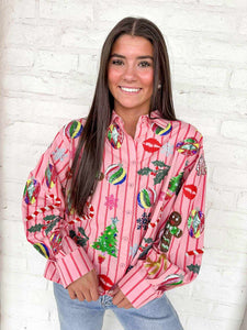 Queen Of Sparkles Light Pink & Red Stripe Christmas Icon Button Up Top