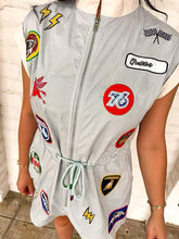Load image into Gallery viewer, Queen Of Sparkles Chambray NASCAR Patch Tie Romper