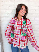 Load image into Gallery viewer, Queen Of Sparkles Pink &amp; Red Plaid Metallic Nutcracker Cotton Button Up Top