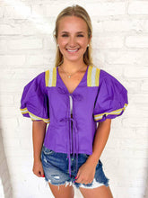 Load image into Gallery viewer, Queen Of Sparkles Licensed Purple LSU Cotton Tie Front Jersey Top