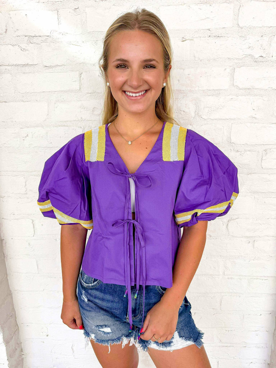 Queen Of Sparkles Licensed Purple LSU Cotton Tie Front Jersey Top