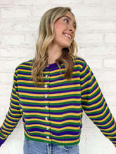 Load image into Gallery viewer, Pin Stripe Mardi Gras Button Down Sweater