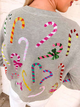 Load image into Gallery viewer, Queen Of Sparkles Grey Multi Candy Cane Multi Bow Sweater