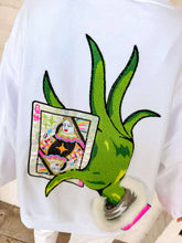 Load image into Gallery viewer, Queen Of Sparkles White &amp; Green Hand Holding QOS Card Sweatshirt