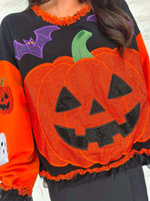 Load image into Gallery viewer, Queen Of Sparkles Multi Ruffle Lace Trim Pumpkin &amp; Bat Sweatshirt