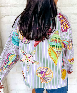 Queen Of Sparkles Striped Sea Shell Button Up Top
