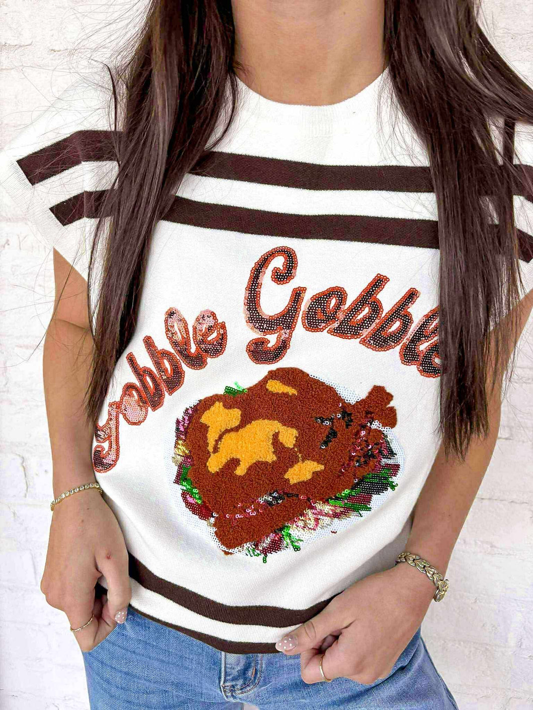 Queen of Sparkles Gobble Gobble Brown Stripe Short Sleeve Top