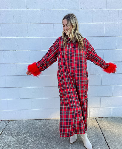 Queen Of Sparkles Red & Green Plaid Feather Sleeve Button Up Midi Dress