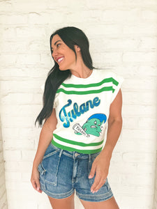 Queen Of Sparkles White & Green Tulane Striped Short Sleeve Top