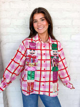 Load image into Gallery viewer, Queen Of Sparkles Pink &amp; Red Plaid Metallic Nutcracker Cotton Button Up Top