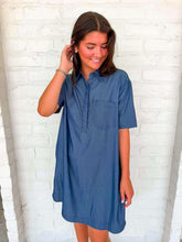 Load image into Gallery viewer, Brunch Date Dark Denim Shirt Dress