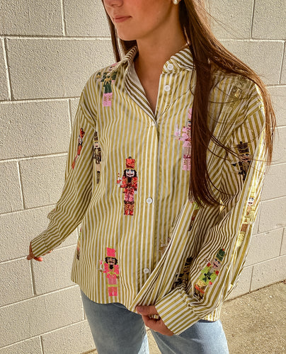 Queen Of Sparkles Gold Metallic Stripe Cocktail Nutcracker Button Up