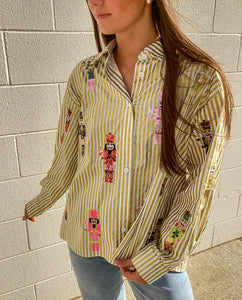 Queen Of Sparkles Gold Metallic Stripe Cocktail Nutcracker Button Up