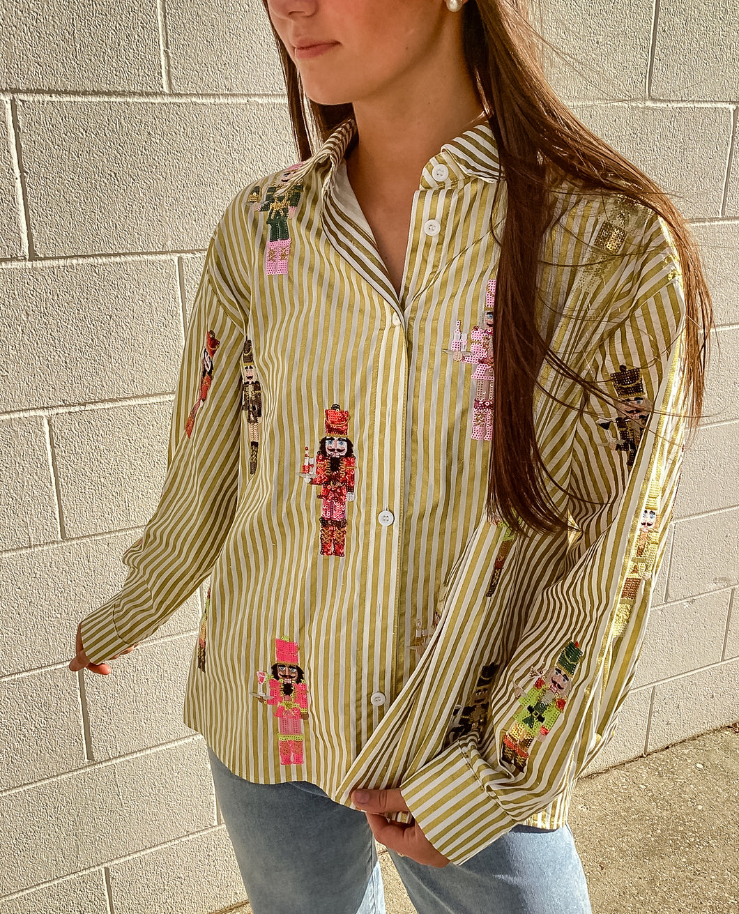 Queen Of Sparkles Gold Metallic Stripe Cocktail Nutcracker Button Up