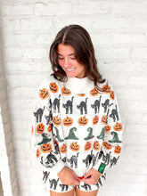 Load image into Gallery viewer, Queen Of Sparkles Light Gray Witch Hat, Pumpkin &amp; Cat Mock neck Sweatshirt