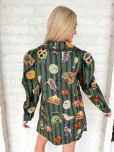 Load image into Gallery viewer, Queen Of Sparkles Dark Green &amp; Blue Striped Thanksgiving Icon Collar Dress
