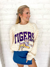 Load image into Gallery viewer, Queen Of Sparkles LSU Beige Stripe Vintage Team Sweater