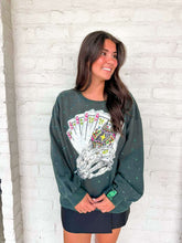 Load image into Gallery viewer, Queen Of Sparkles Charcoal Skeleton Holding Queen Cards Rhinestone Sweatshirt