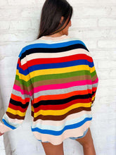 Load image into Gallery viewer, Queen Of Sparkles Multi Striped QOS Card Logo Sweater
