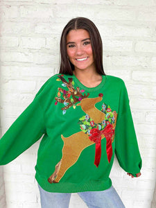Queen Of Sparkles Green Rhinestone Rudolph Wreath Sweatshirt