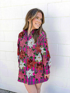 Queen Of Sparkles Pink Plaid Poinsettia Button Up Long Sleeve Dress