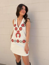 Load image into Gallery viewer, Queen Of Sparkles White Denim &amp; Pink Necklace Vneck Dress