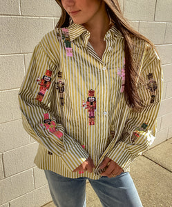 Queen Of Sparkles Gold Metallic Stripe Cocktail Nutcracker Button Up