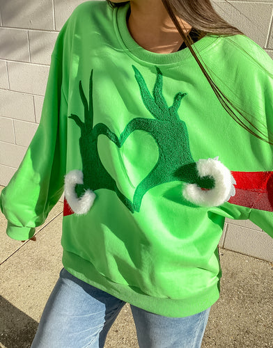 Queen Of Sparkles Green Grinch Heart Hands Sweatshirt