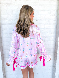 Queen of Light Pink Satin Nutcracker Bow Sleeve Pajama Set