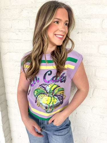 Queen Of Sparkles Lavender, Green & Yellow 'Queen Cake' Striped Top