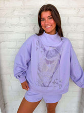 Load image into Gallery viewer, Queen Of Sparkles Lavender Scattered Jewel QOS Card Logo Mock Neck Sweatshirt