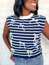 Load image into Gallery viewer, Striped Madness Navy Bow Top