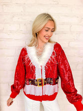 Load image into Gallery viewer, Queen Of Sparkles Red Sequin Feather Trim Santa Sweater