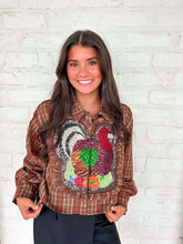 Load image into Gallery viewer, Queen Of Sparkles Brown Plaid Turkey Ruffle Patch Button Up