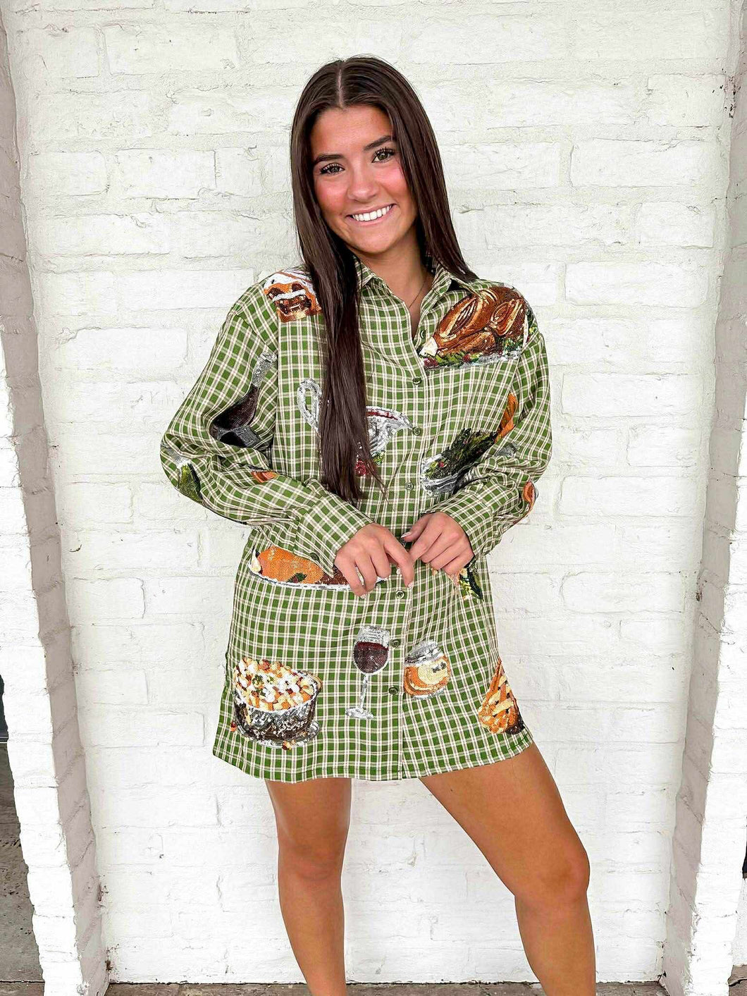 Queen Of Sparkles Green Plaid Thanksgiving Icons Button Up Dress