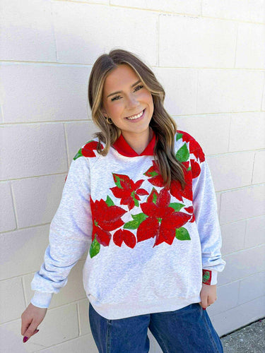 Queen Of Sparkles Grey And Red Collar Poinsettia Sweatshirt