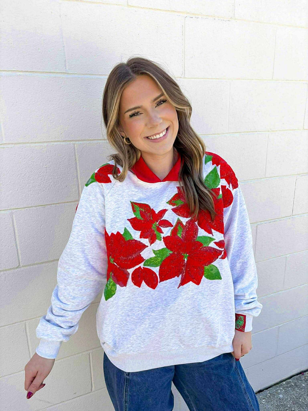 Queen Of Sparkles Grey And Red Collar Poinsettia Sweatshirt