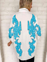 Load image into Gallery viewer, Queen Of Sparkles White &amp; Jeweled Turquoise Button Up Tunic