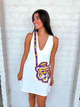 Load image into Gallery viewer, Queen Of Sparkles LSU Crossbody Functioning Purse Tank Dress