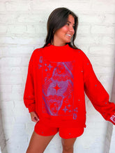 Load image into Gallery viewer, Queen Of Sparkles Red &amp; Light Blue Scattered Jewel Card Sweatshirt