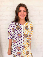 Load image into Gallery viewer, Queen Of Sparkles Licensed LSU Mascot Polka Dot Colorblock Button Up Top