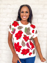 Load image into Gallery viewer, Queen Of Sparkles White Poinsettia and Pine Cone Tee