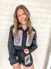 Load image into Gallery viewer, Queen Of Sparkles Black Queen Card &amp; Sparkle Collar Button Up Cotton Top