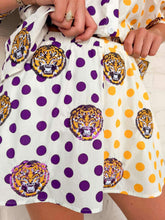Load image into Gallery viewer, Queen Of Sparkles Licensed LSU Mascot Polka Dot Colorblock Skort