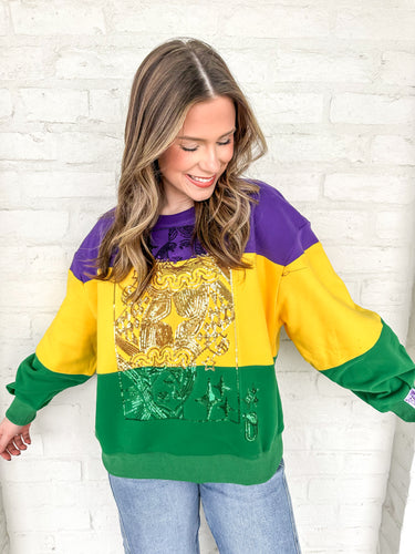 Queen Of Sparkles Purple, Yellow & Green Striped Queen Card Sweatshirt