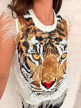 Load image into Gallery viewer, Queen Of Sparkles White Oversized Tiger Feather Trim Tank
